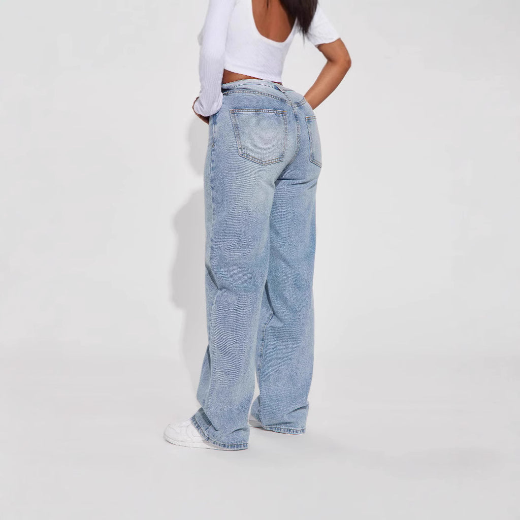 Light Blue High-Waisted Straight-Leg Jeans – Vintage Wash Comfort-HighTouch