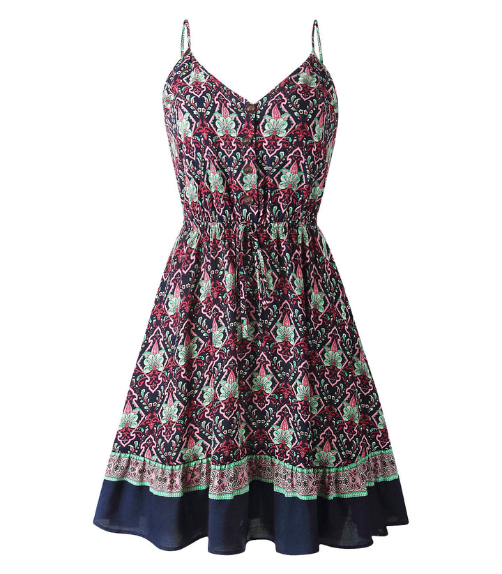 Retro Pleated Sleeveless V-Neck Halter Short Dress Women-HighTouch