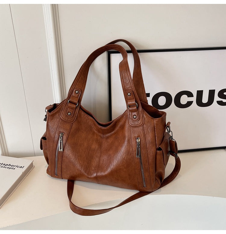 Retro Solid-Color Single Shoulder – Large Capacity & Elegant Texture-HighTouch
