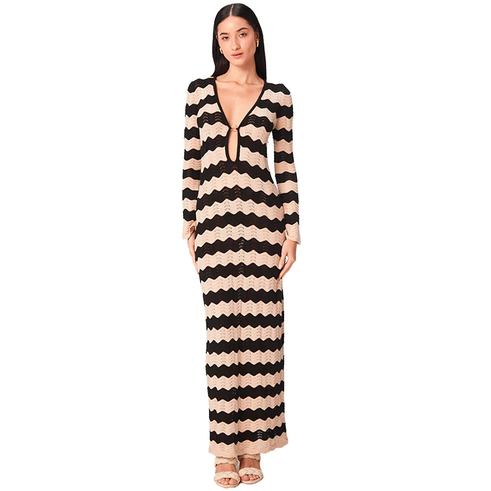Striped Perforated Beach Cover-Up Dress Women-HighTouch