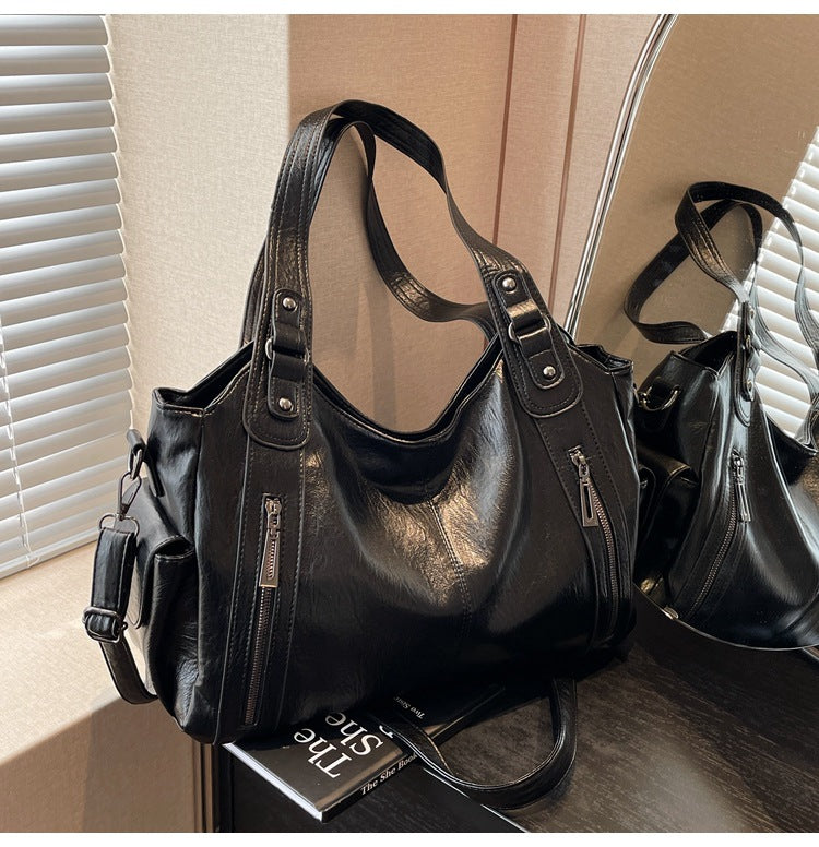 Retro Solid-Color Single Shoulder – Large Capacity & Elegant Texture-HighTouch