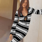 Striped Perforated Beach Cover-Up Dress Women-HighTouch