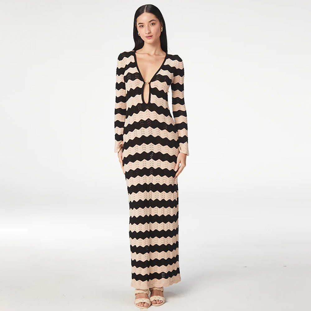 Striped Perforated Beach Cover-Up Dress Women-HighTouch