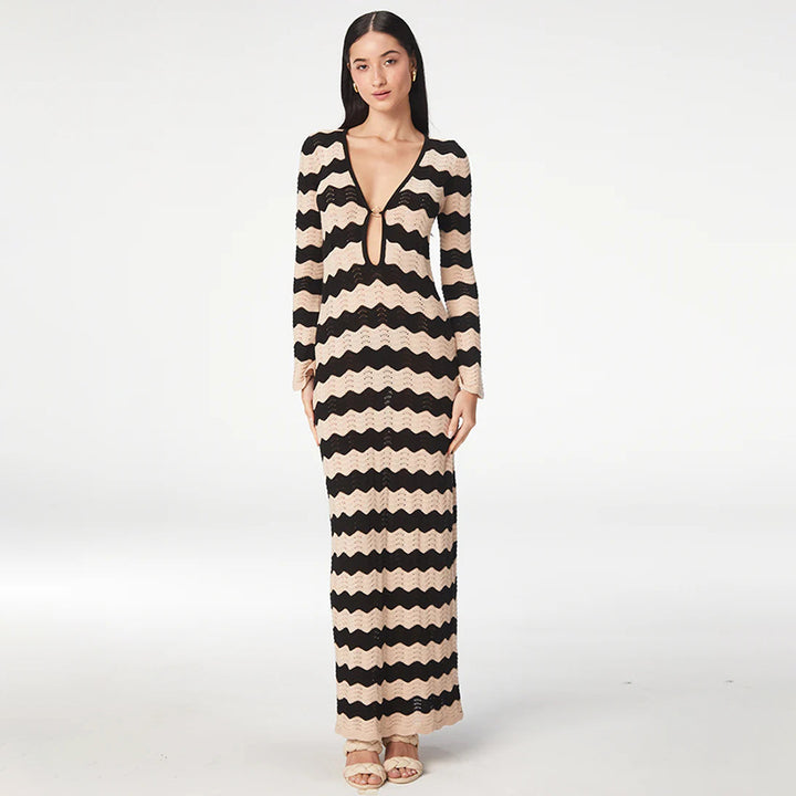 Striped Perforated Beach Cover-Up Dress Women-HighTouch