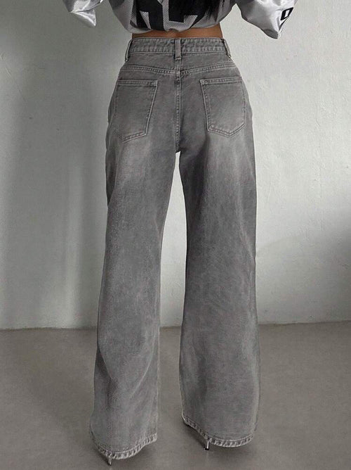 Cement Grey High-Waisted Straight Leg Jeans – Slimming Narrow Retro Fit-HighTouch