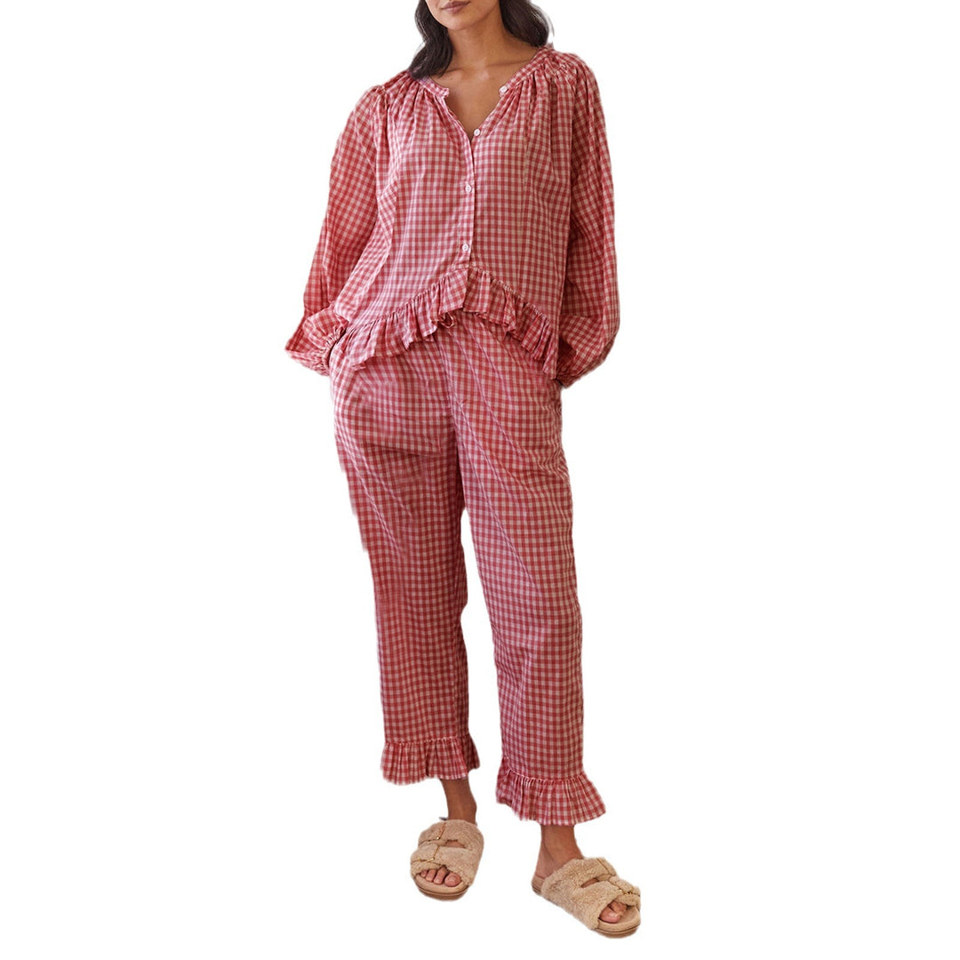 Ruffled Button Top & Wide-Leg Pants Set – Elegant Autumn Two-Piece-HighTouch