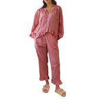 Ruffled Button Top & Wide-Leg Pants Set – Elegant Autumn Two-Piece-HighTouch