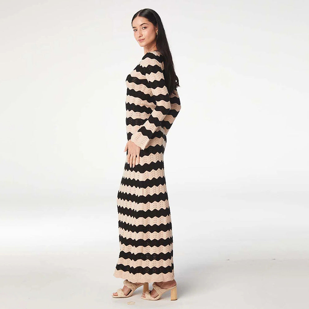 Striped Perforated Beach Cover-Up Dress Women-HighTouch