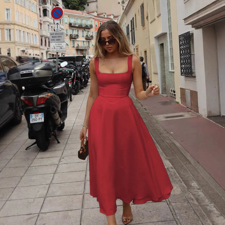 Summer Dress Square-Neck Halter Maxi Dress – Chic Cinched Waist & Backless-HighTouch