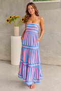 Striped Halter Dress – Sexy Adjustable Buckle & Button Accents-HighTouch