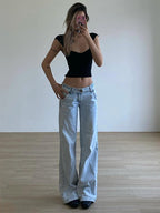 Light Blue Low-Rise Y2K Baggy Straight Jeans – Floor-Length Retro Street Style-HighTouch