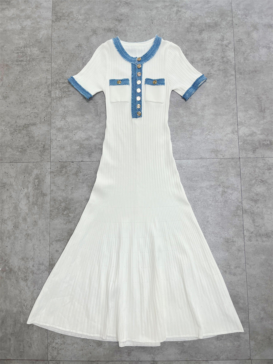French-Style Knitted Maxi Dress – V-Neck, Cinched Waist & Casual-Chic Comfort-HighTouch