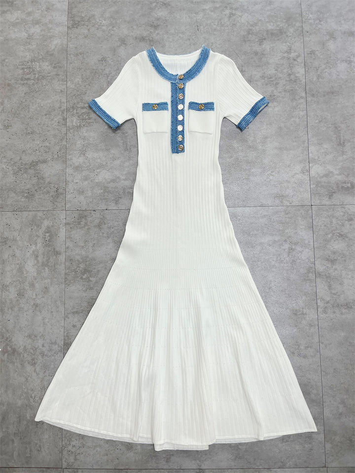 French-Style Knitted Maxi Dress – V-Neck, Cinched Waist & Casual-Chic Comfort-HighTouch