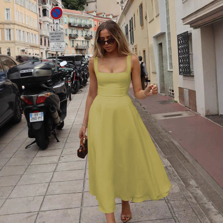 Summer Dress Square-Neck Halter Maxi Dress – Chic Cinched Waist & Backless-HighTouch