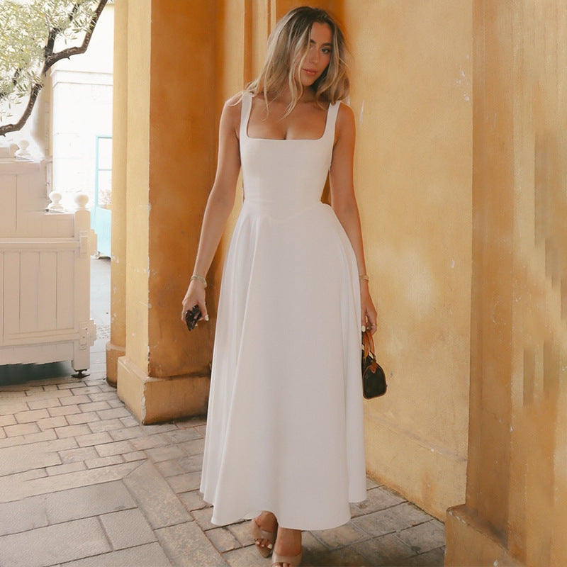 Summer Dress Square-Neck Halter Maxi Dress – Chic Cinched Waist & Backless-HighTouch