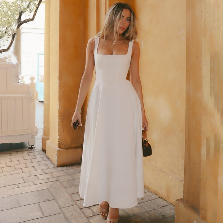 Summer Dress Square-Neck Halter Maxi Dress – Chic Cinched Waist & Backless-HighTouch