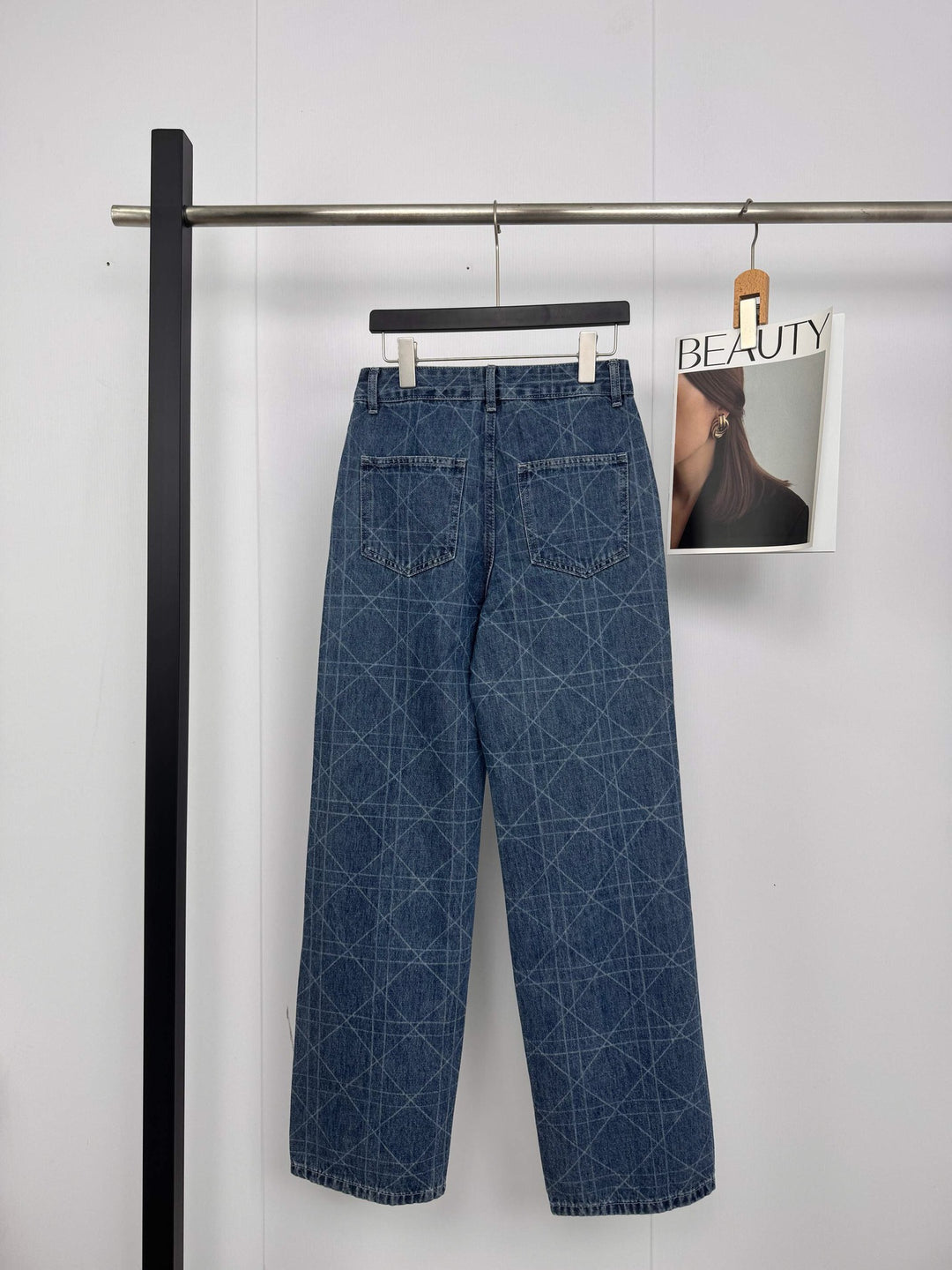 High Waist Diamante Grid Embroidery Straight-Leg Jeans – Soft Logo Detail-HighTouch