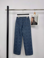 High Waist Diamante Grid Embroidery Straight-Leg Jeans – Soft Logo Detail-HighTouch