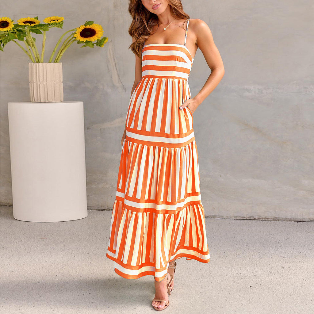 Striped Halter Dress – Sexy Adjustable Buckle & Button Accents-HighTouch