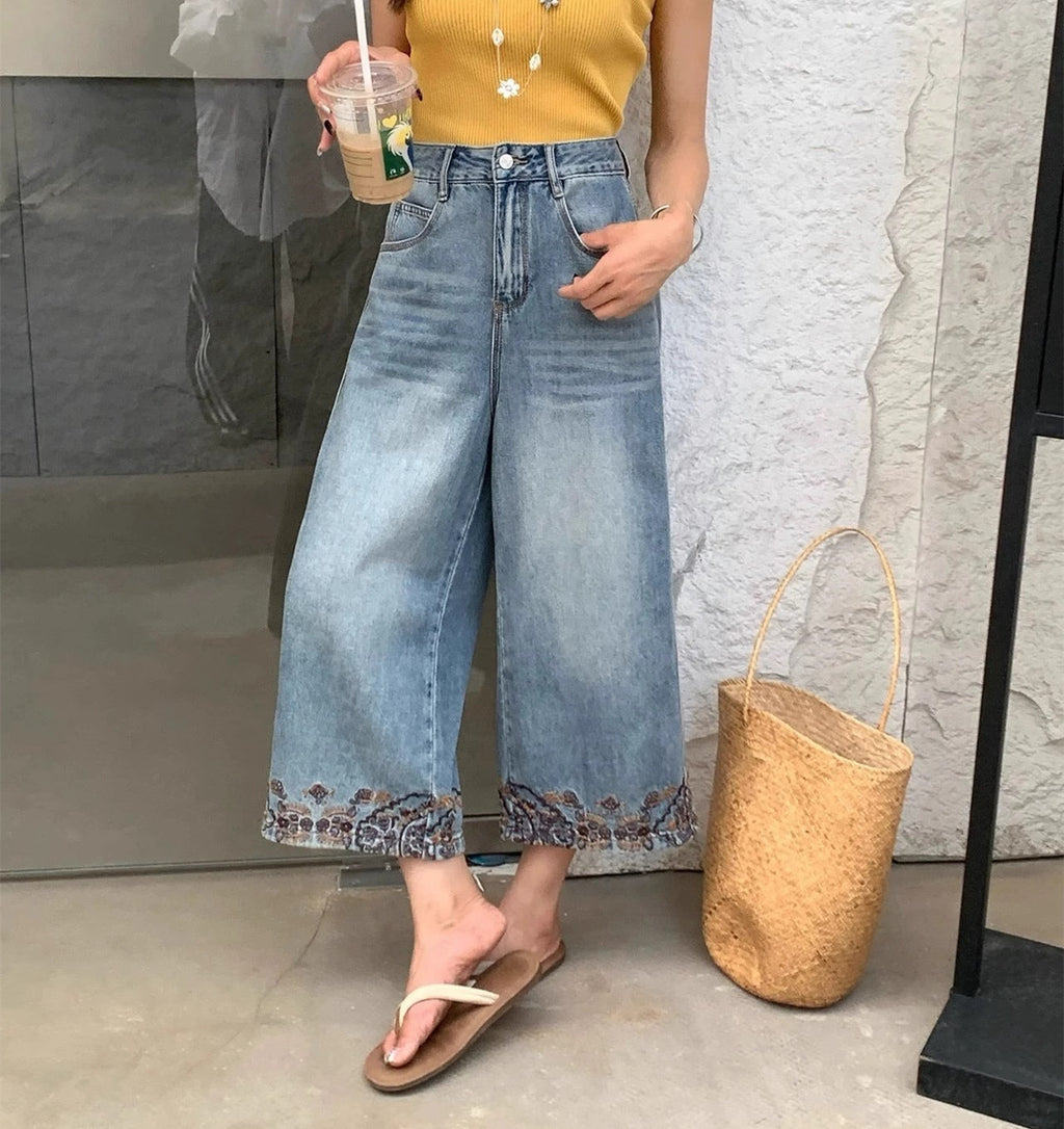 Women’s Summer Wide-Leg Embroidered Jeans-HighTouch