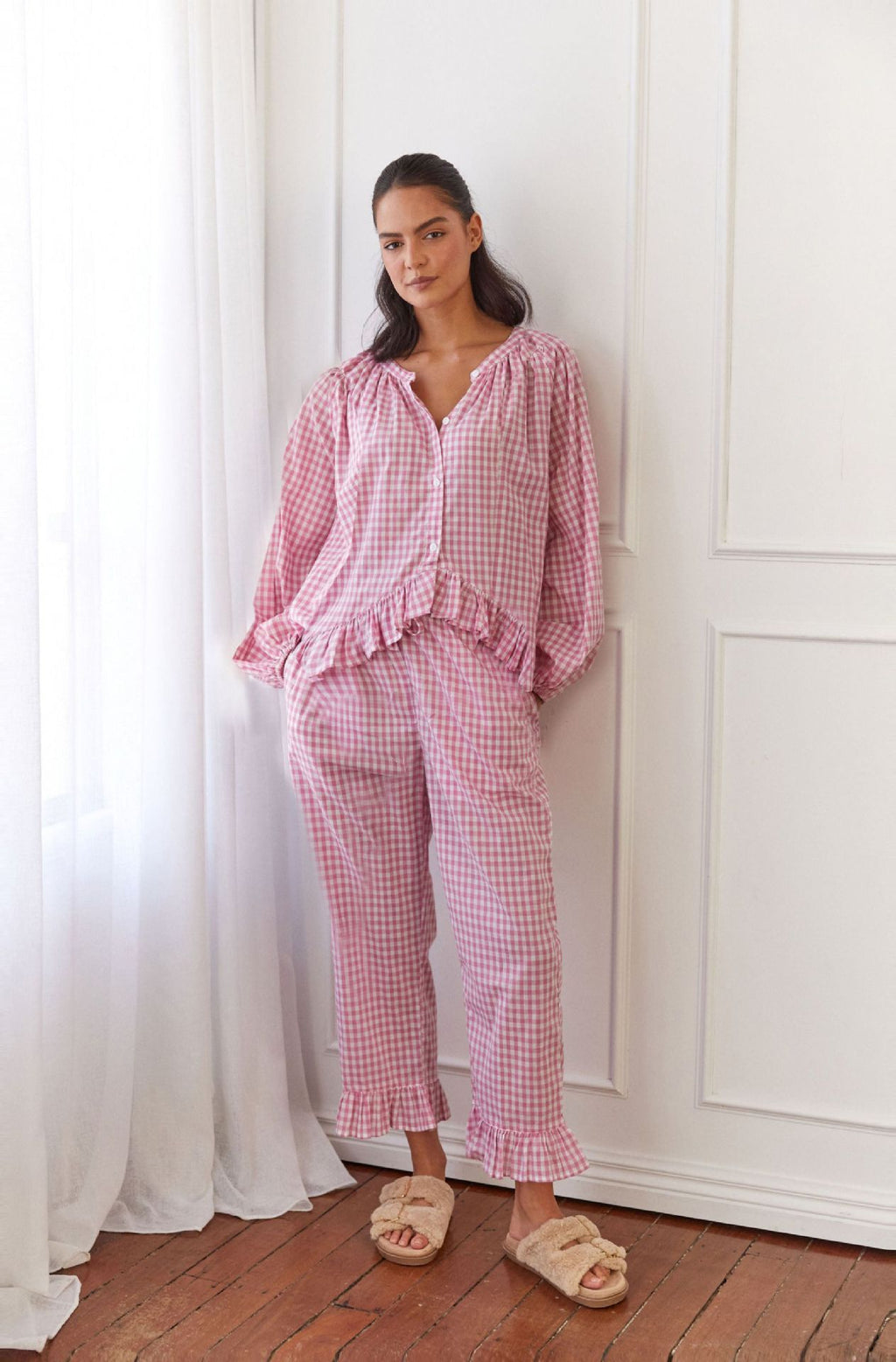 Ruffled Button Top & Wide-Leg Pants Set – Elegant Autumn Two-Piece-HighTouch