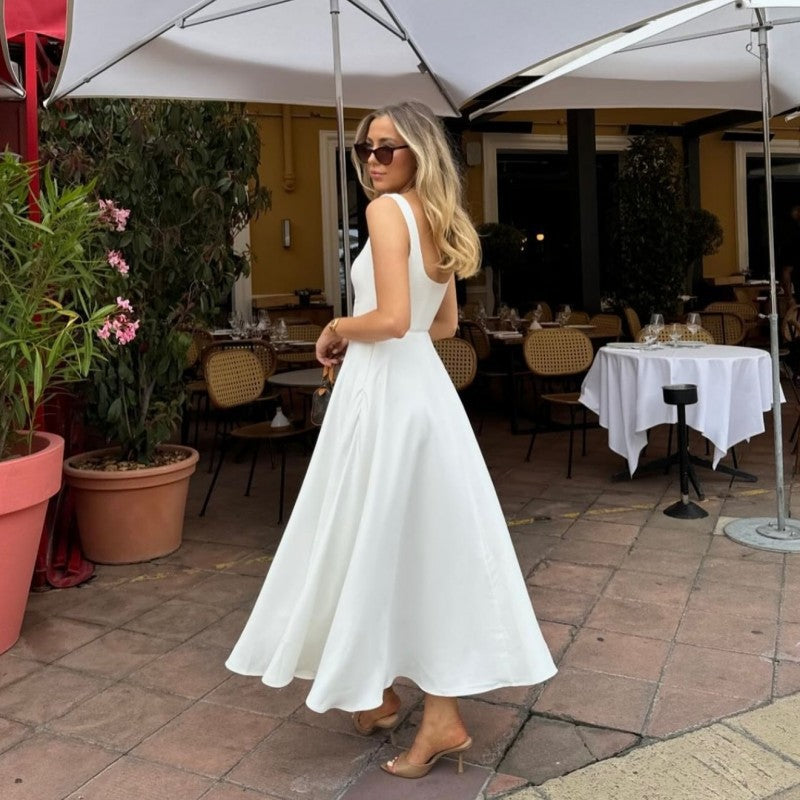 Summer Dress Square-Neck Halter Maxi Dress – Chic Cinched Waist & Backless-HighTouch