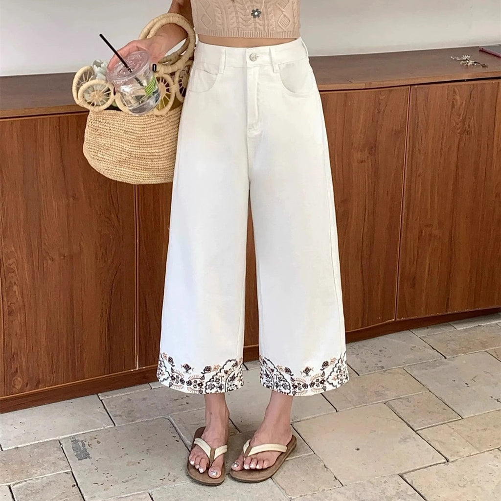 Women’s Summer Wide-Leg Embroidered Jeans-HighTouch