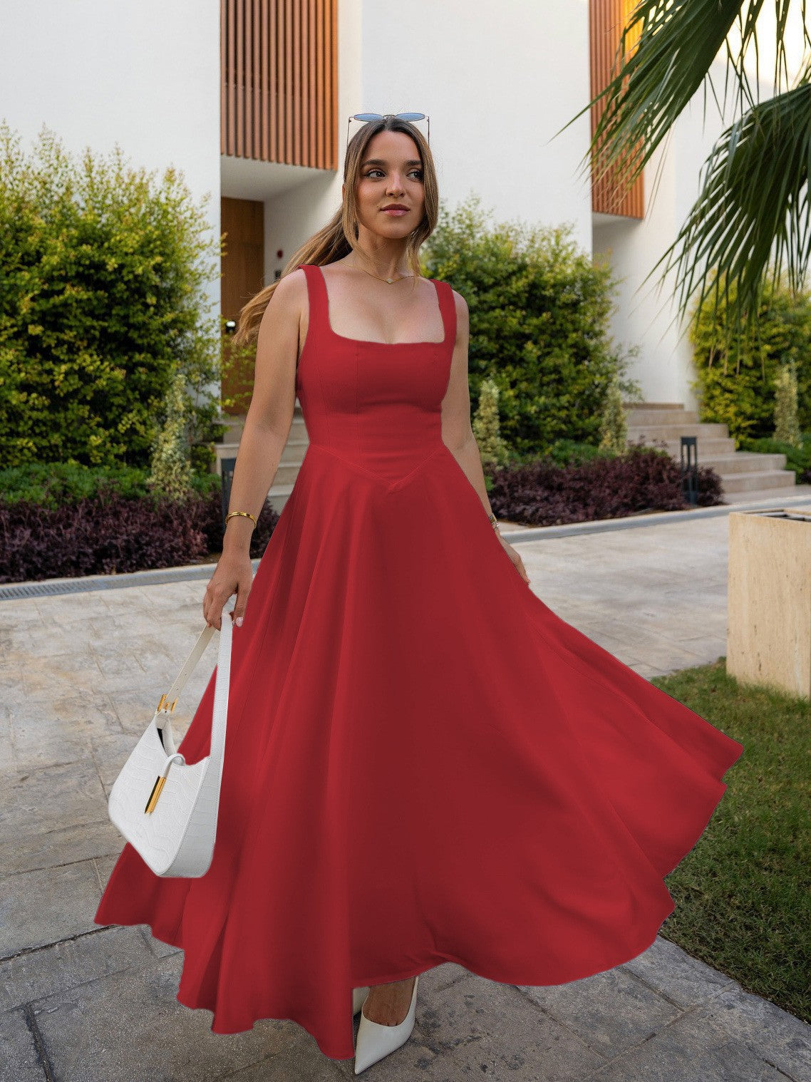 Summer Dress Square-Neck Halter Maxi Dress – Chic Cinched Waist & Backless-HighTouch