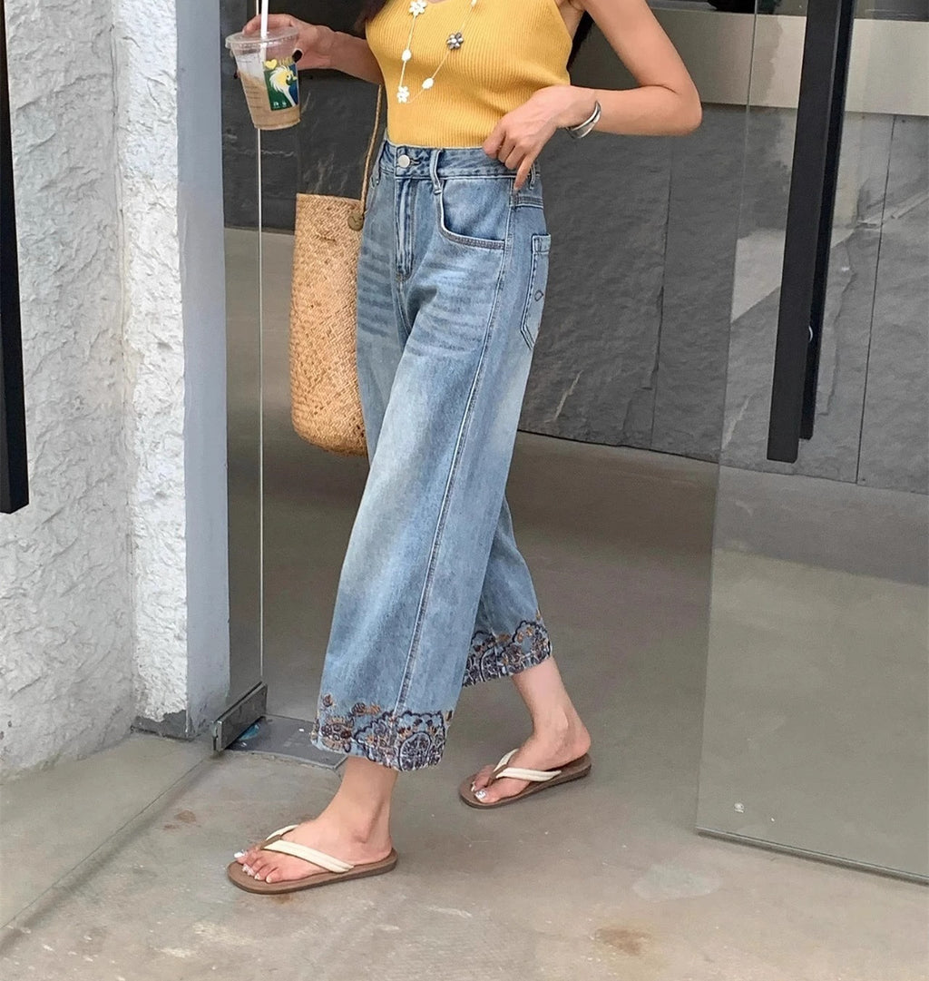 Women’s Summer Wide-Leg Embroidered Jeans-HighTouch
