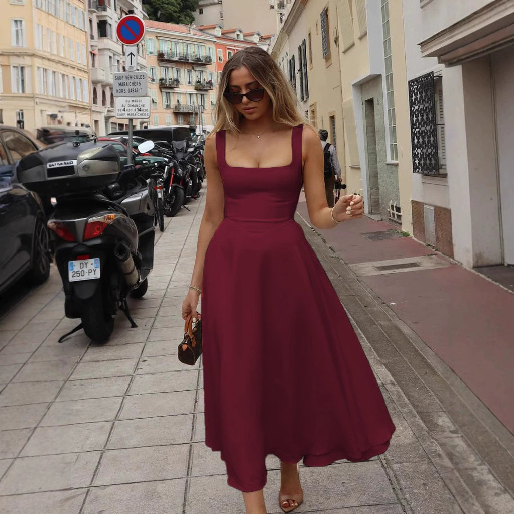 Summer Dress Square-Neck Halter Maxi Dress – Chic Cinched Waist & Backless-HighTouch