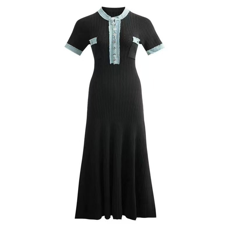 French-Style Knitted Maxi Dress – V-Neck, Cinched Waist & Casual-Chic Comfort-HighTouch
