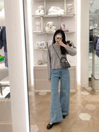 High Waist Diamante Grid Embroidery Straight-Leg Jeans – Soft Logo Detail-HighTouch