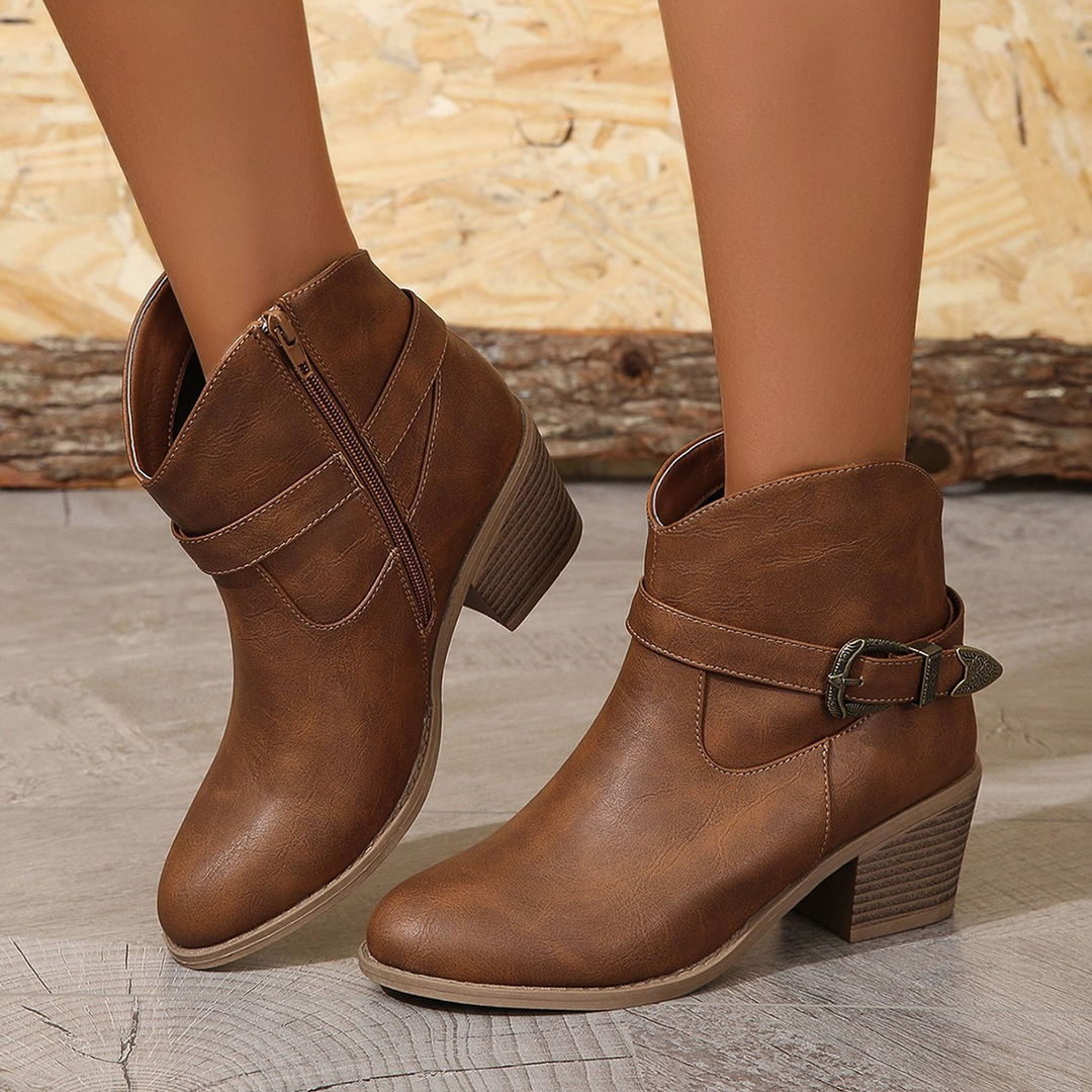 Women's Leather Ankle Boots – Cushioned Western Block Heel