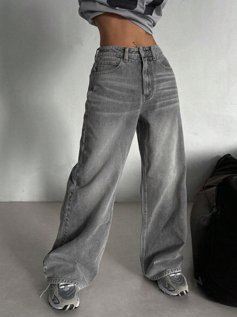 Cement Grey High-Waisted Straight Leg Jeans – Slimming Narrow Retro Fit-HighTouch