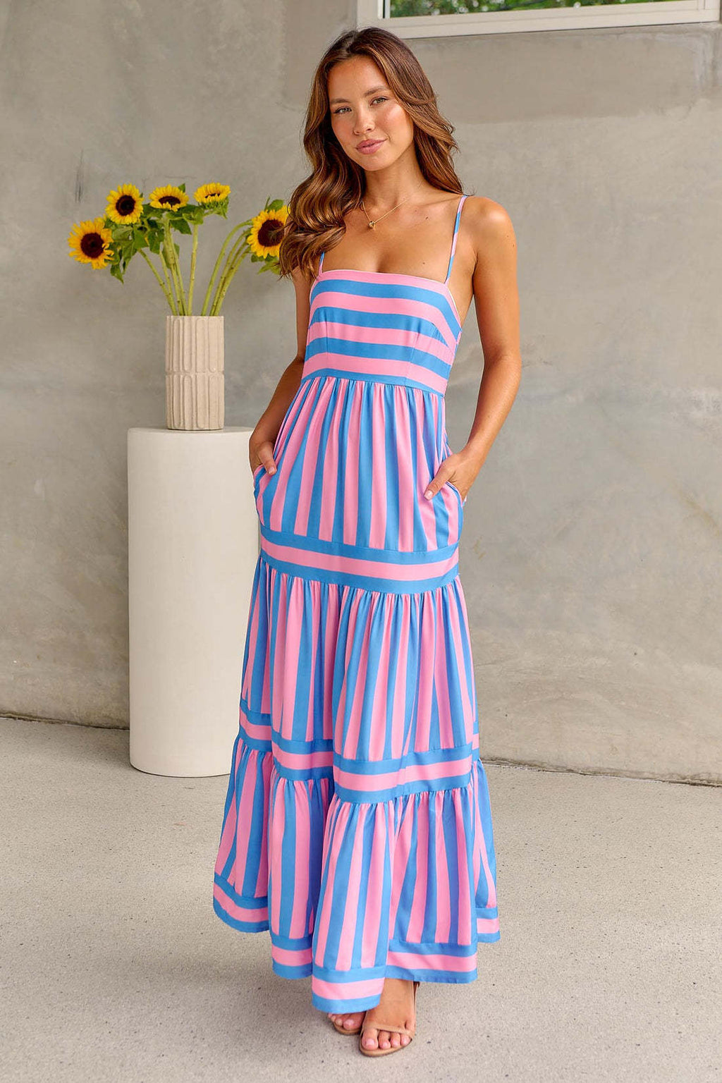 Striped Halter Dress – Sexy Adjustable Buckle & Button Accents-HighTouch