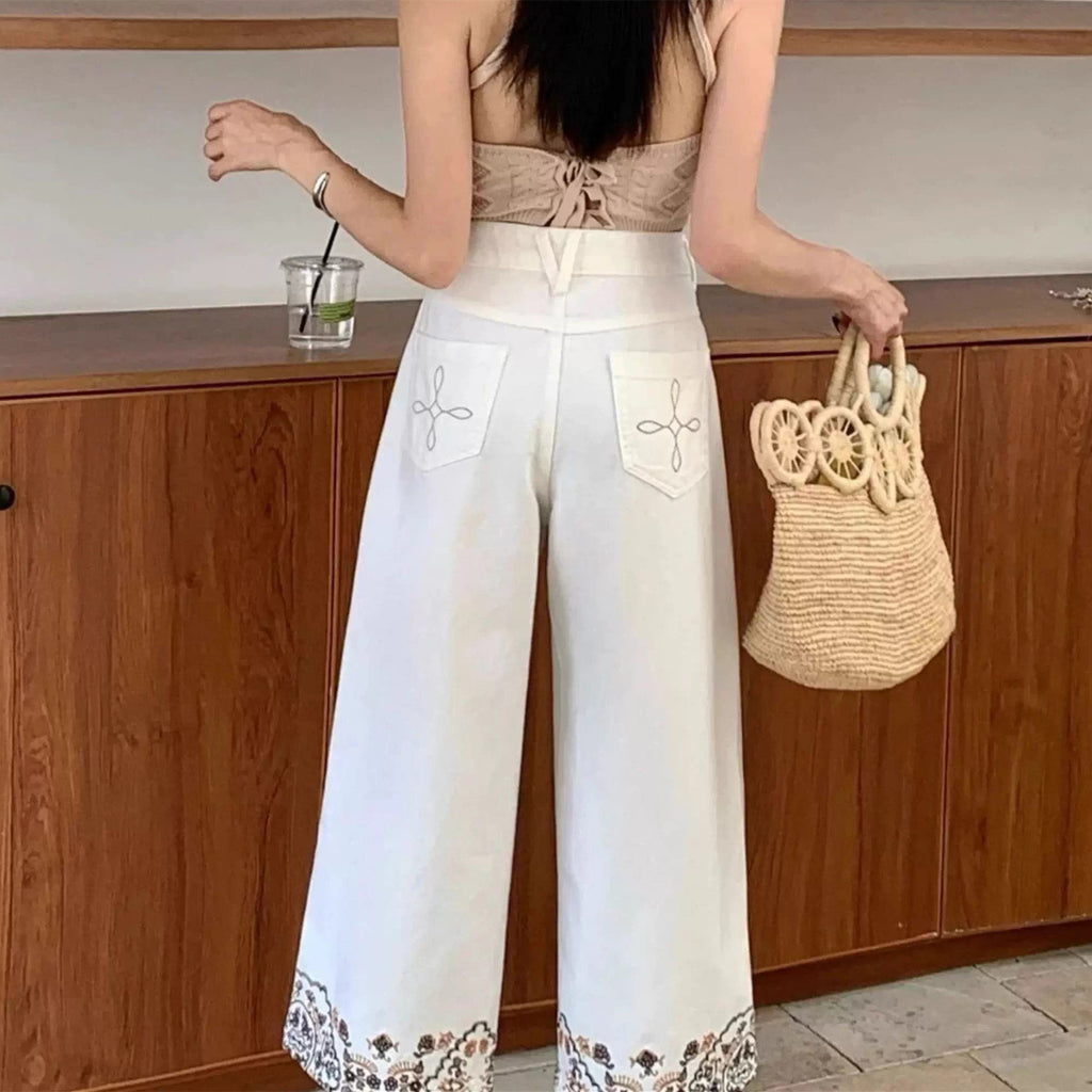 Women’s Summer Wide-Leg Embroidered Jeans-HighTouch