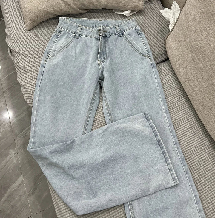 Light Blue Low-Rise Y2K Baggy Straight Jeans – Floor-Length Retro Street Style-HighTouch