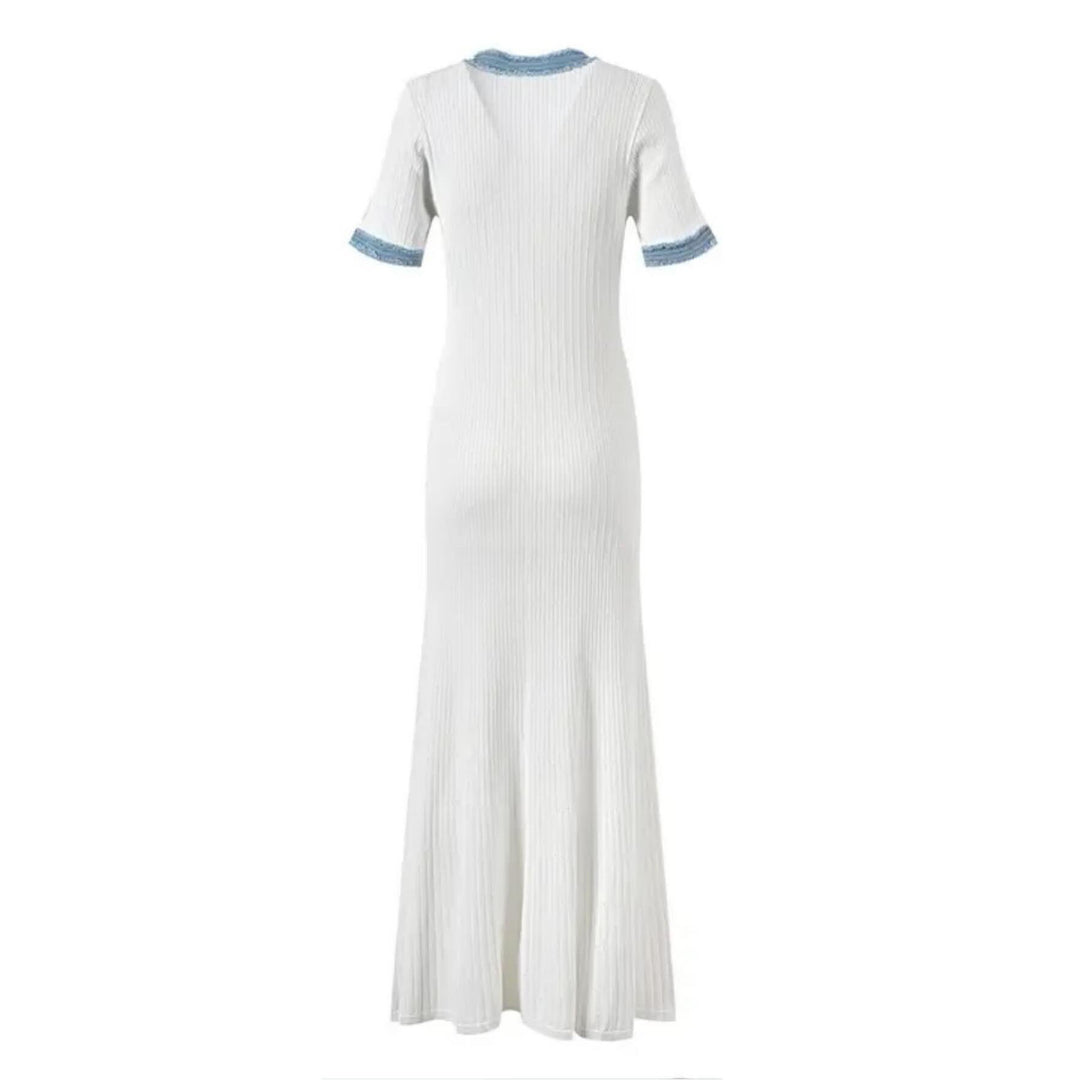 French-Style Knitted Maxi Dress – V-Neck, Cinched Waist & Casual-Chic Comfort-HighTouch