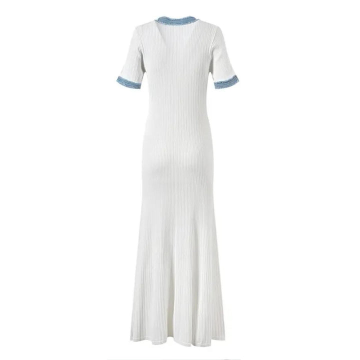 French-Style Knitted Maxi Dress – V-Neck, Cinched Waist & Casual-Chic Comfort-HighTouch