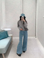 High Waist Diamante Grid Embroidery Straight-Leg Jeans – Soft Logo Detail-HighTouch