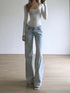 Light Blue Low-Rise Y2K Baggy Straight Jeans – Floor-Length Retro Street Style-HighTouch