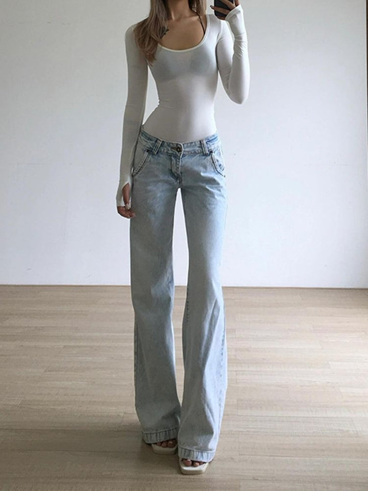 Light Blue Low-Rise Y2K Baggy Straight Jeans – Floor-Length Retro Street Style-HighTouch