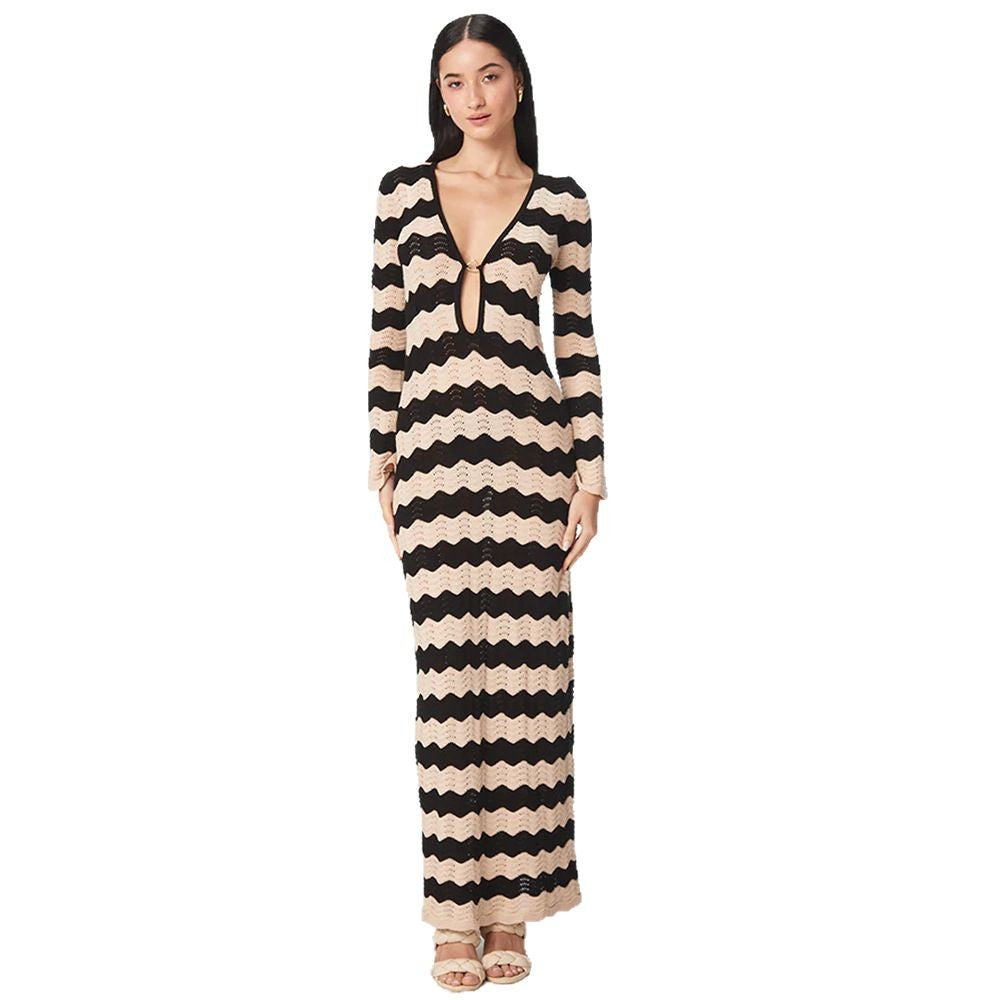 Striped Perforated Beach Cover-Up Dress Women-HighTouch