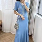 French-Style Knitted Maxi Dress – V-Neck, Cinched Waist & Casual-Chic Comfort-HighTouch