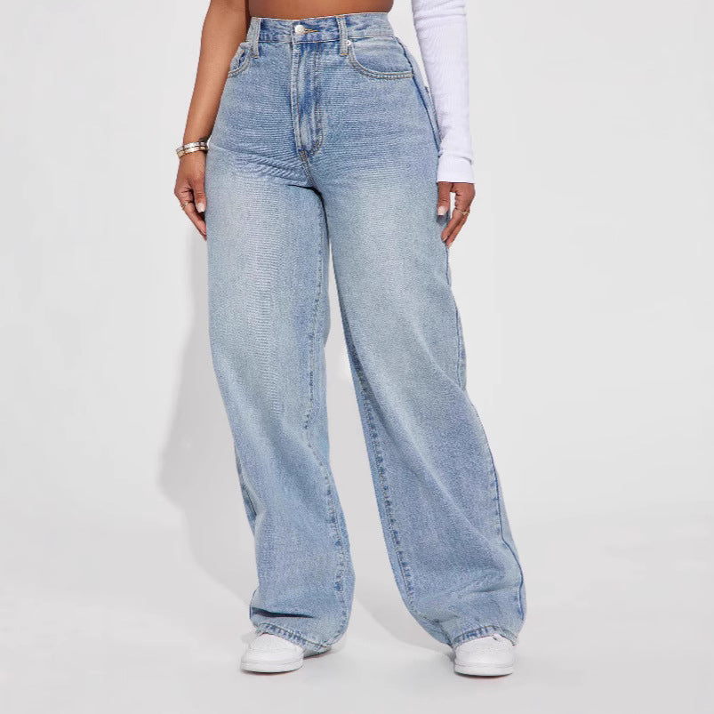 Light Blue High-Waisted Straight-Leg Jeans – Vintage Wash Comfort-HighTouch