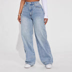 Light Blue High-Waisted Straight-Leg Jeans – Vintage Wash Comfort-HighTouch