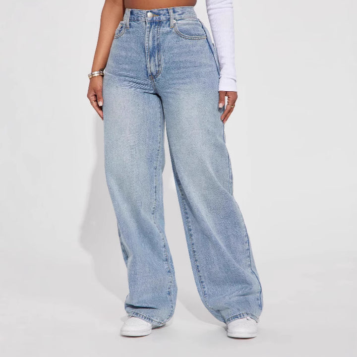 Light Blue High-Waisted Straight-Leg Jeans – Vintage Wash Comfort-HighTouch