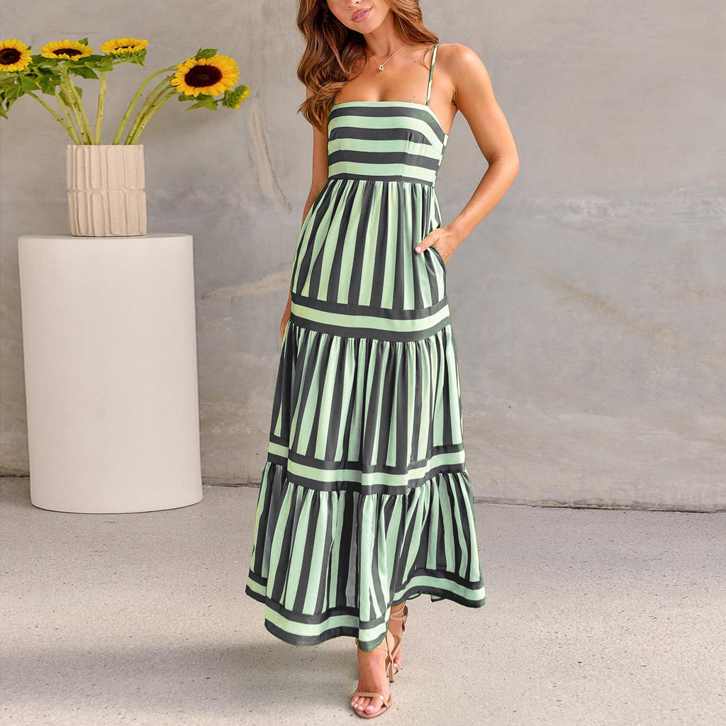 Striped Halter Dress – Sexy Adjustable Buckle & Button Accents-HighTouch