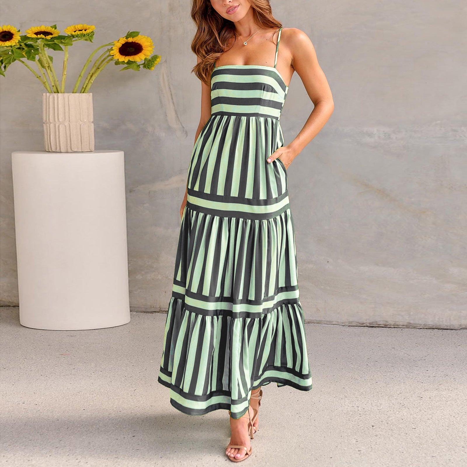 Striped Halter Dress – Sexy Adjustable Buckle & Button Accents-HighTouch