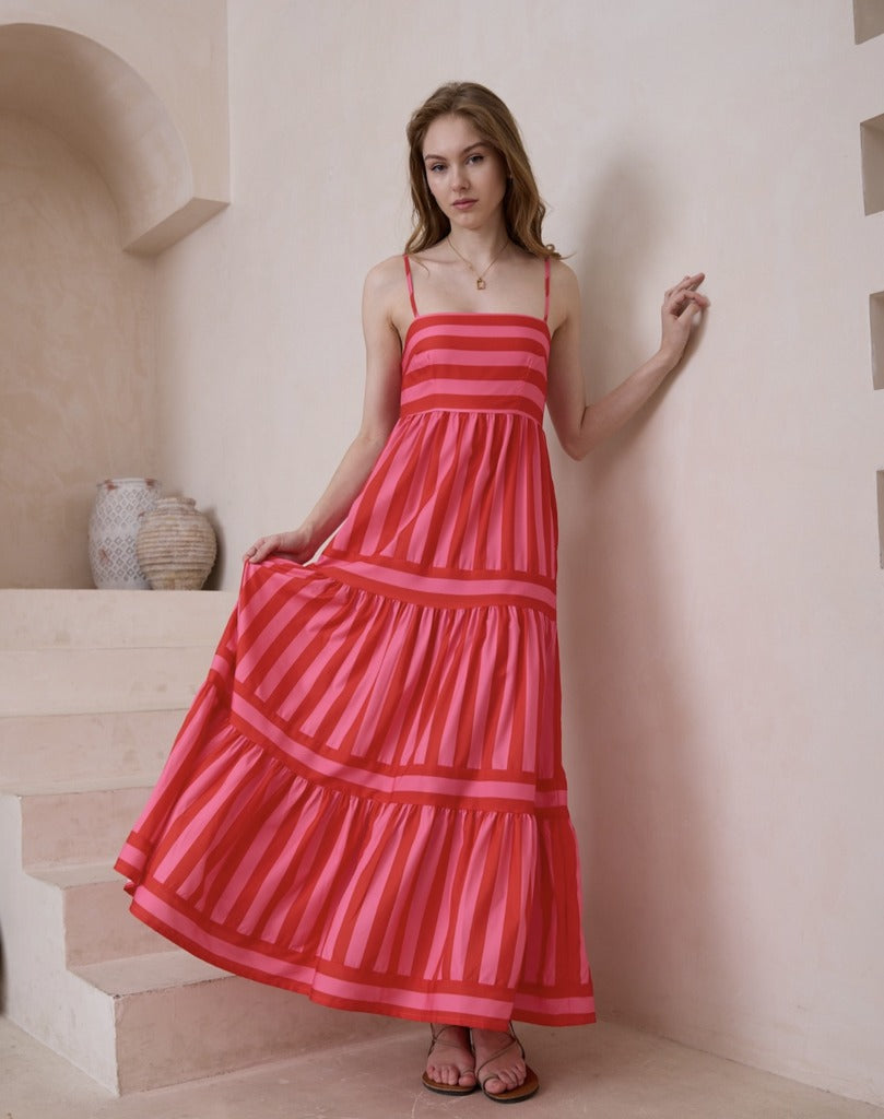 Striped Halter Dress – Sexy Adjustable Buckle & Button Accents-HighTouch